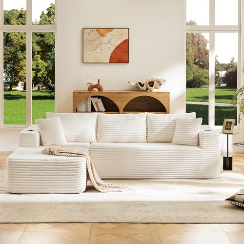 Image of Modular Compressed Sectional Sofa Set - Velvet Corduroy Upholstery, Convertible Couch with Cup Holders and Pillows for Living Room, Beige
