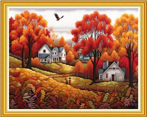 Image of DMCVIVR Stamped Cross Stitch Kits for Beginners Adults Needlepoint Kits for Beginners Embroidery Kits for Adults Crossstitch Kit for Beginners 11CT-Harvest in Late Autumn 16x20 inch