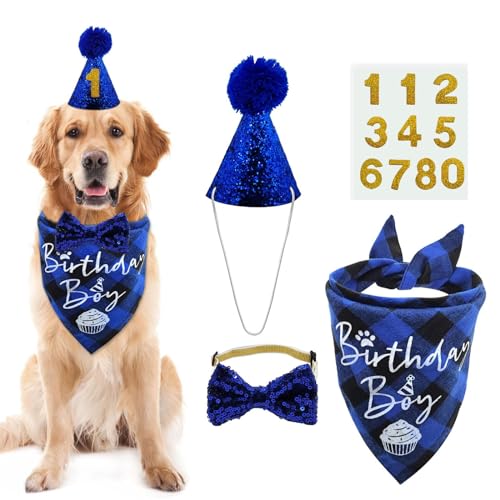 LMSHOWOWO Dog Birthday Party Supplies Set - Reusable Bandana, Blingbling Hat, Bow Tie, Numbers for Medium Large Dogs Pets Decorations (Blue, Large)