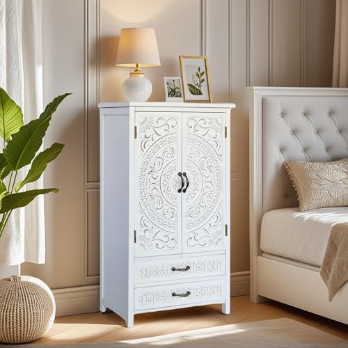 Image of French Country Farmhouse Cabinet - Decorative Storage Cabinet with Vintage White Finish Solid Wood Storage Cabinet for Multi-Room Use, Ideal as a White Sideboard Cabinet in Living Room or Dining Room