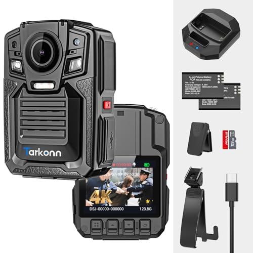 Tarkonn Body Camera with Audio and Video Recording, 4K/2160P Body Cam, 2PCS 1950MAH Batteries, Night Vision, GPS Enabled, 128G Police Body Worn Camera
