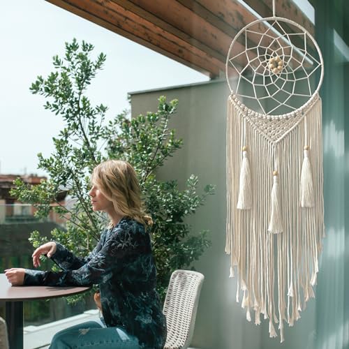 Dream Catcher Macrame Wall Hanging, Boho Decorations for Bedroom Living Room Wedding Party Home Decor, 14" Inner Dia, with 5.9ft Cotton Rope (Medium, Solid) - Image 3