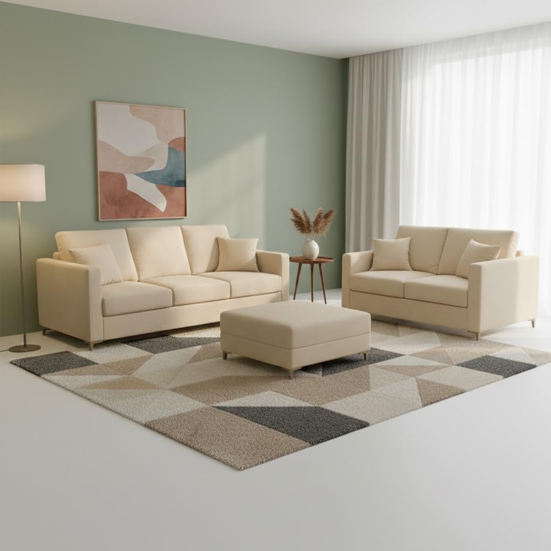 Hayes Rich Velvet Suede 3 Seater + 2 Seater Sofa Set with Ottoman | Golden Aesthetic Legs | 6 Person Seating Capacity | Spacious Soft Touch Comfort | Modern Living Room Sofa - Cream-image-24