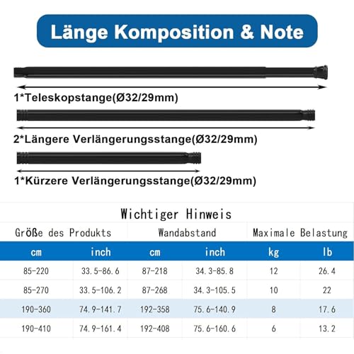 Teleskopstange Ausziehbar Gardinenstange zum Klemmen Duschvorhangstange ohne Bohren Extra Länge Teleskopstange Vorhang für Badezimmer,Schlafzimmer Weiß(190-360CM Φ32mm)