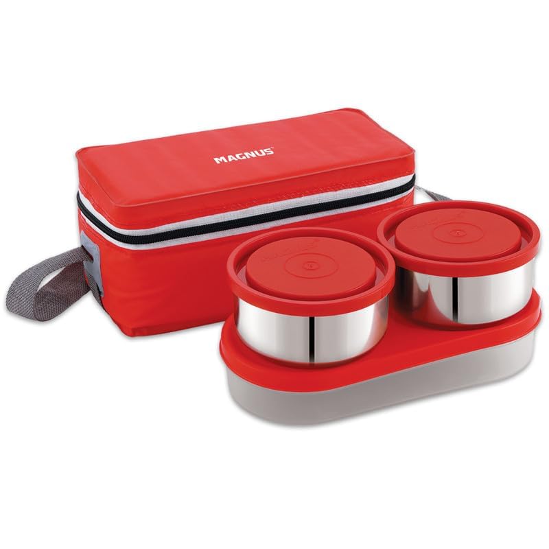 Magnus Fancy 3 Steel Lunch Box Set with Leak-Proof Containers, 3 Compartments, Washable Cover, Stylish Carry Bag - Perfect Lunch Box for Kids and Lunch Boxes for Office Men, Safe Design (Red)