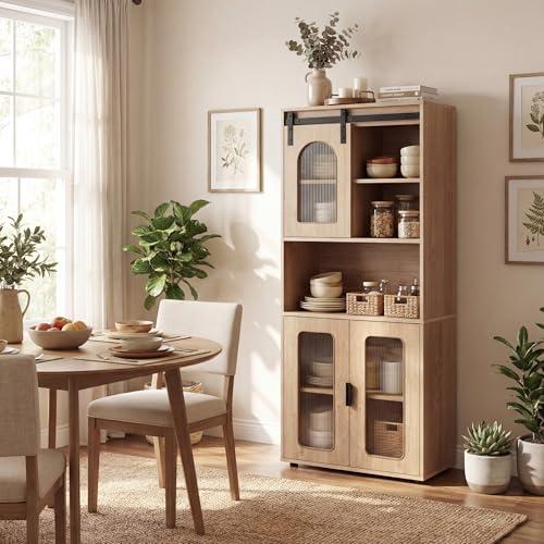 Image of Tangkula 59 inch Tall Bathroom Floor Cabinet, Freestanding Storage Cabinet with Sliding Barn Door & Open Shelves, Farmhouse Bathroom Storage for Kitchen, Living Room, Dining Room (Natural, 59 inch H)