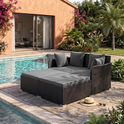 Image of BRISHI Outdoor /Pool Side /Garden /Balcony /Porch /Backyard /Terrace /Patio /Beach /Rectangular Sofa Sunbed Wicker and Rattan Daybed (Black /Purple)