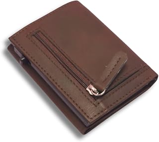 The Bae Gift Slim Leather Card Holder Wallet, Black, RFID Blocking, Zipper Pocket, Pop-Up Card Ejector (Brown) Price In India