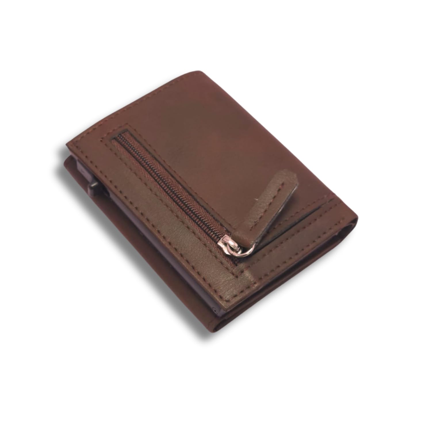 RFID Blocking Slim Card Holder Wallet, Brown, Vegan Leather, with Zipper Coin Pocket, Pop-Up Card Dispenser-image-37