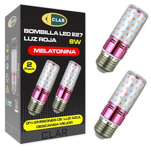 CLAR - Luz Roja Nocturna Melatonina, Luz Roja Bebe, Bombilla Para Dormir, 8W E27 (Pack 2)