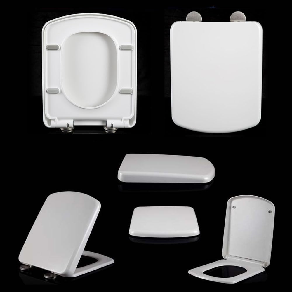 Asiento de inodoro cuadrado de cierre suave con bisagras ajustables de fácil liberación rápida, fácil instalación, asiento de inodoro blanco de cierre suave, 355 x 430 mm