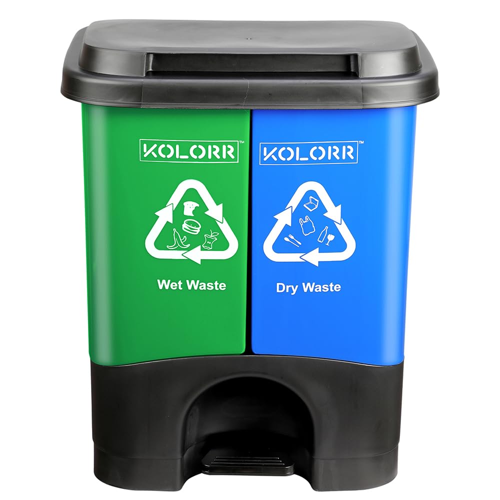 KOLORR Twin Bin 33 Liters Dustbin Dry & Wet Waste Pedal Dustbins / 2 In 1 Dustbin Trash Can / Plastic Garbage Bins with Lid for Home Kitchen - Blue & Green Colour – Large Size