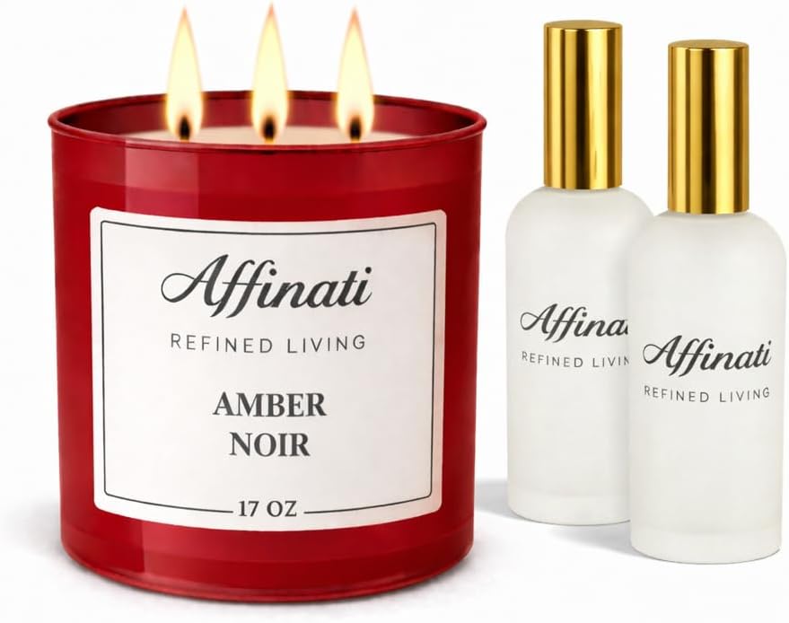 Affinati Candle & Room Spray Bundle – 17 oz 3-Wick Candle + 2 Room & Linen Sprays (4 oz) – Strong Scented Soy Blend Set – Long Lasting Home Fragrance for Room & Linen (French Vanilla)