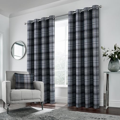 always4u Rideau à Carreaux 100% Occultant Isolation Thermique avec Oeillets Double Rideaux en Faux Laine pour Chambre Salon, Moderne, L140xH245cm Gris Noir...