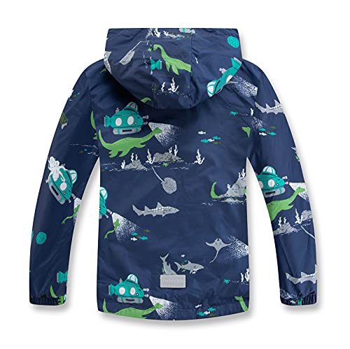 Sunnoop Boy Girls Dinosaur Jacket Windbreaker Hooded Waterproof Rain Jacket Lightweight Raincoat Kids Outerwear Dark Blue Size 120 6-7 Years #TOP2