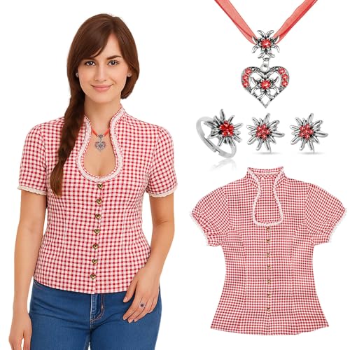 ZJKUBOIS Trachtenbluse Damen Set, Oktoberfest Damen Outfit - Bayrische Bluse Rot Weiß Kariert(DE/NL/SE/PL, Numerisch, 40, Regular, Regular, Rot Weiß Kariert)