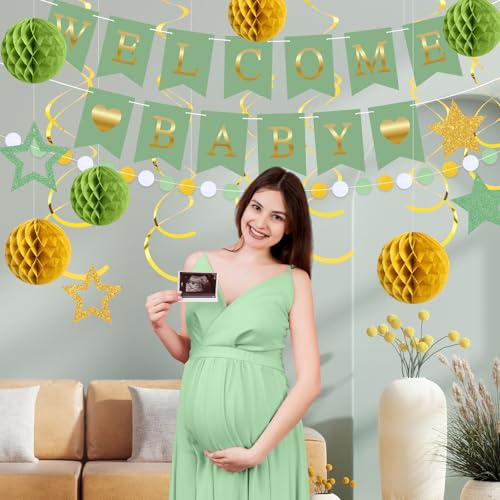 Image of WinnerWhy 25 Pcs Baby Shower Sage Green Decoration, Neutral Green Welcome Baby Banner with Glitter Stars, Hanging Swirls, Honeycomb Balls, Circle Dots Decorations for Gender Neutral Reveal Party Decor