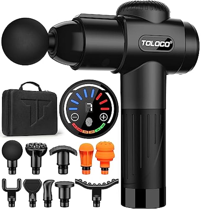 TOLOCO Massage Gun, Deep Tissue Back Massage for Athletes for Pain Relief, Percussion Massager with 10 Massages Heads & Silent Brushless Motor, Black