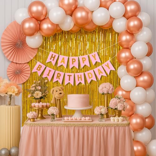 Image of Party Propz Happy Birthday Decoration Kit -52Pcs, Birthday Decoration Kit for Girls, Rose Gold Balloons, White Metallic Balloons, Happy Birthday Banner, Birthday Decor Items(Cardstock, latex)