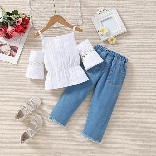 BILIKEYU Toddler Spring Girls Halter Lace Solid Color Top Elastic Embroidered Ripped Jeans Sundress Of Casual3