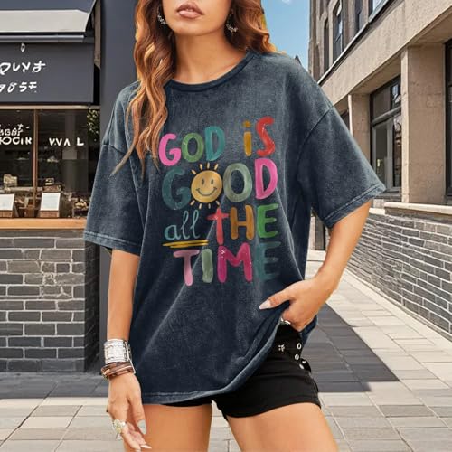 Image of Christian Shirts for Women Oversized God is Good Tshirt Vintage Religious Jesus Tees Inspirational Bible Verse Tops