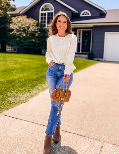 Zesica FASHIONS Women'S 2024 Fall Winter Cable Knit Cardigan Sweaters Long Sleeve Crew Neck Button Open Front Outwear Apricot M thumb #4