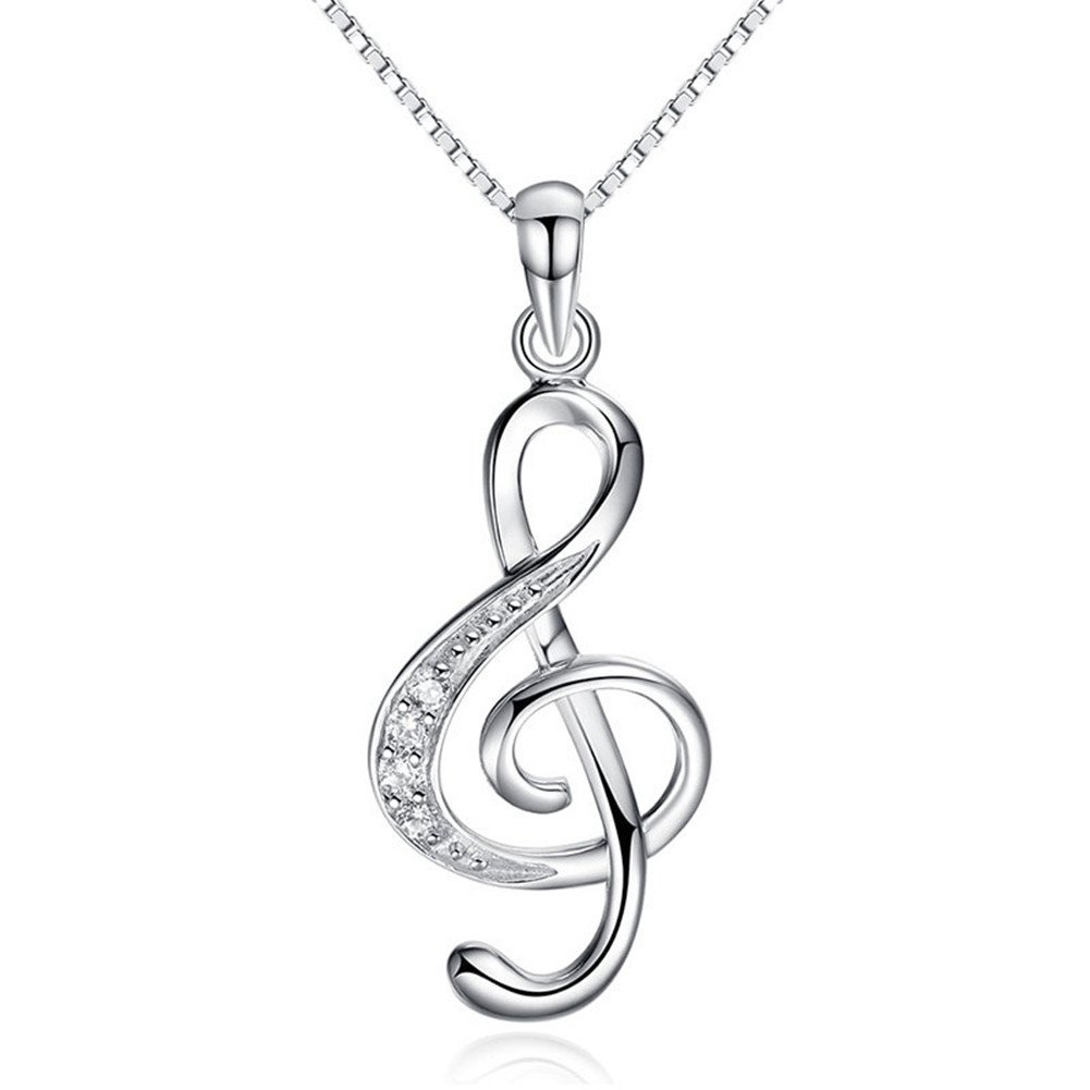 XCFS BEAUTY925 Sterling Silver Plated Vintage Cubic Zirconia Music Note Charm Pendant Necklace,18''