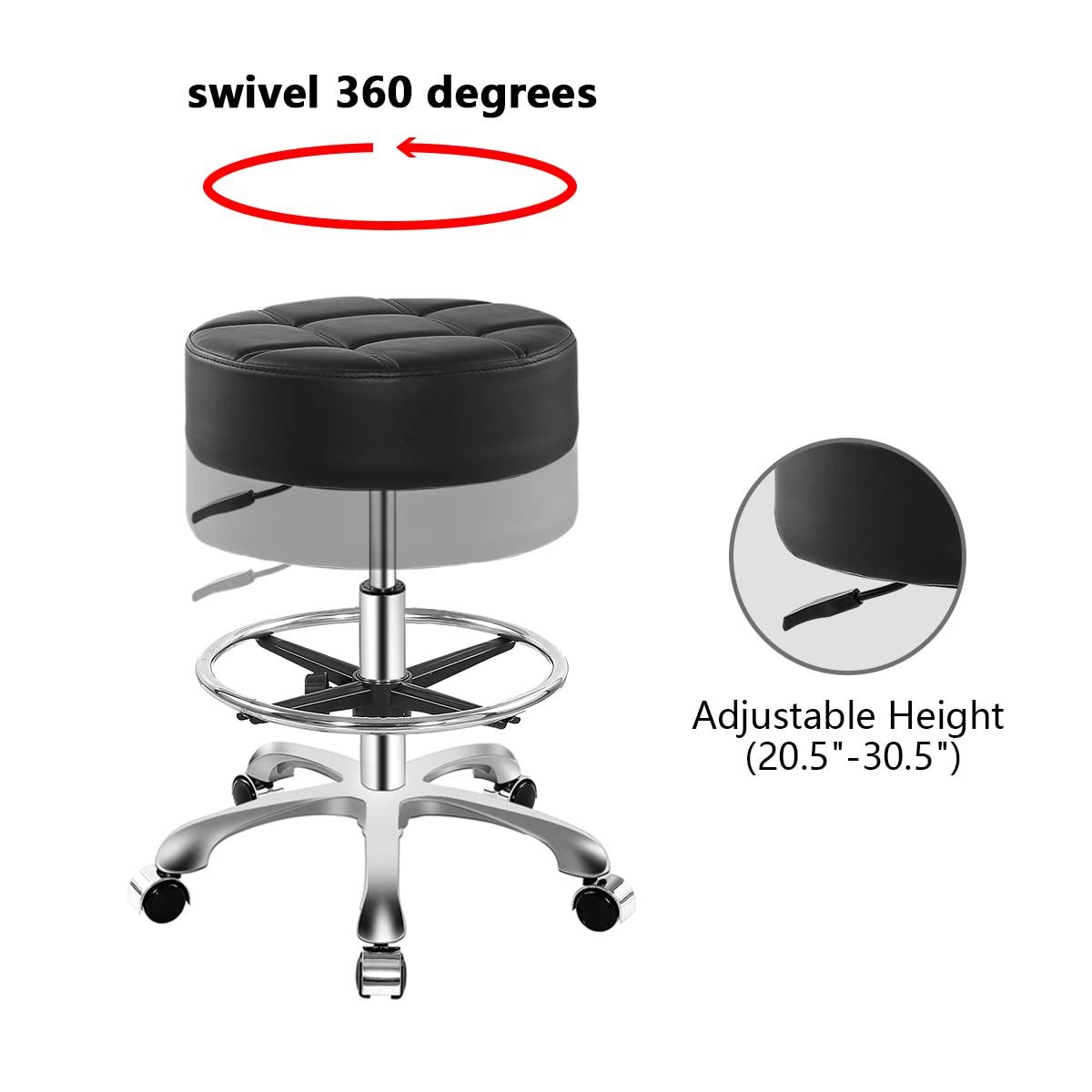 Taburete con ruedas hidráulico resistente para tienda, cocina, trabajo, pestañas, tatuaje, laboratorio, guitarra médica, silla giratoria ajustable (negro, con reposapiés)