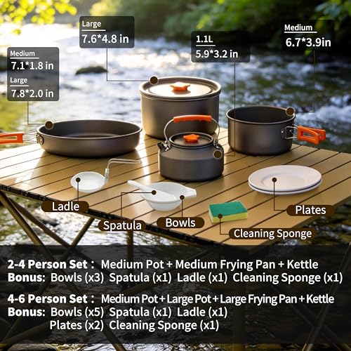 TGpao Collapsible Camping Cookware Set, Portable 4-in-1 Outdoor Pot & Pan Kit with Nonstick Frypan, Pot, Kettle & Carry Bag, Hard-Anodized Aluminum for Backpacking, Camping, Hiking (2-4 Person)
