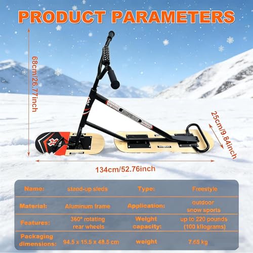 Monopattino da neve All-Terrain con sterzo a 360 gradi e doppie pale per avventure invernali, supporta fino a 150 kg