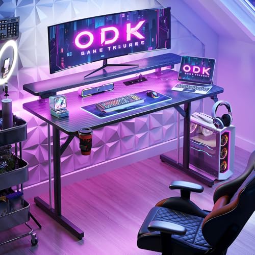 ODK Gaming Tisch, Kleiner Gaming Schreibtisch mit LED Beleuchtung & Steckdosen, Computertisch mit Monitorablage, Carbon Fiber Schwarz PC Gamer Tisch 100cm – Bild 3