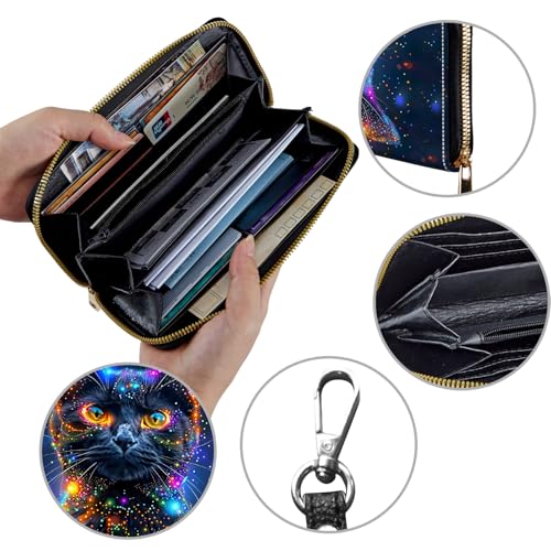 Image of Women's Wallets,Credit Card Holder Money Leather Long Wallet with Wristlet,Large Capacity with Zip-Around Phone Purse for Women Ladies Girls,Luminous Black Cat