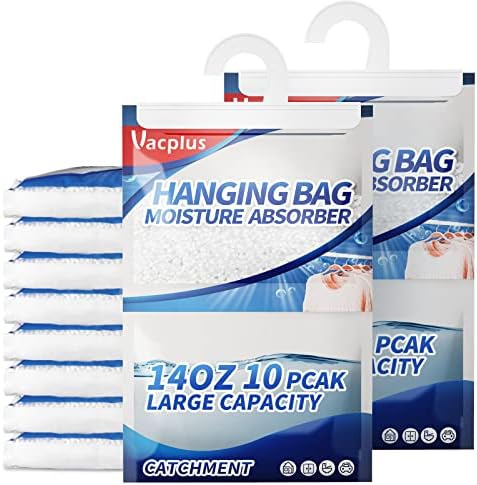 Vacplus Moisture Absorber, 10 Pack Portable Dehumidifiers for Closet and Enclosed Space, 14 OZ Dehumidifier Bags Effectively Trap Extra Moisture, Hanging Moisture Absorbers Eliminate Unpleasant Smell