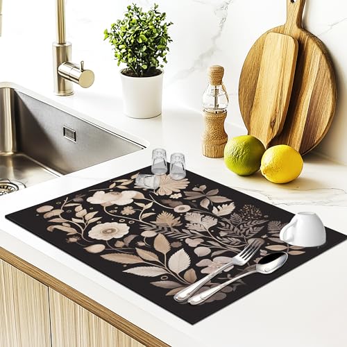 JFFTLL Boho Floral Botanical Dish Drying Mat, Vintage Moody Black Flower Absorbent Dish Drainer Reusable Washable Drying Mat Pad for Kitchen Counter, Boho Kitchen Decor, 12×15 Inch