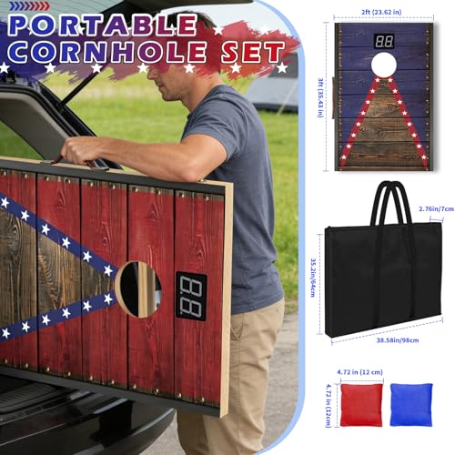 Image of Electronic Cornhole Board Set 4x2ft 3x2ft 2x1ft, Automatic Scoring Corn Hole Games for Adults & Kids, Wooden Portable Cornhole Set with 8 Bean Bags & Carrying Bag for Outdoor, Tailgate, Party