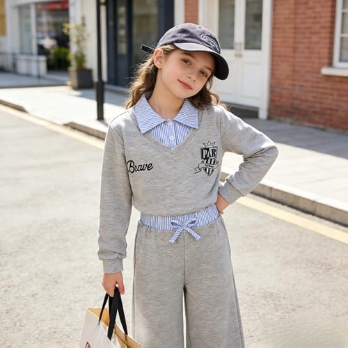 Image of Yoxindax Girls 2-Piece Clothes 2 In 1 Collared V-Neck Sweatshirt Wide Leg Contrast Color Pants Winter 7-14Y Outfits Set