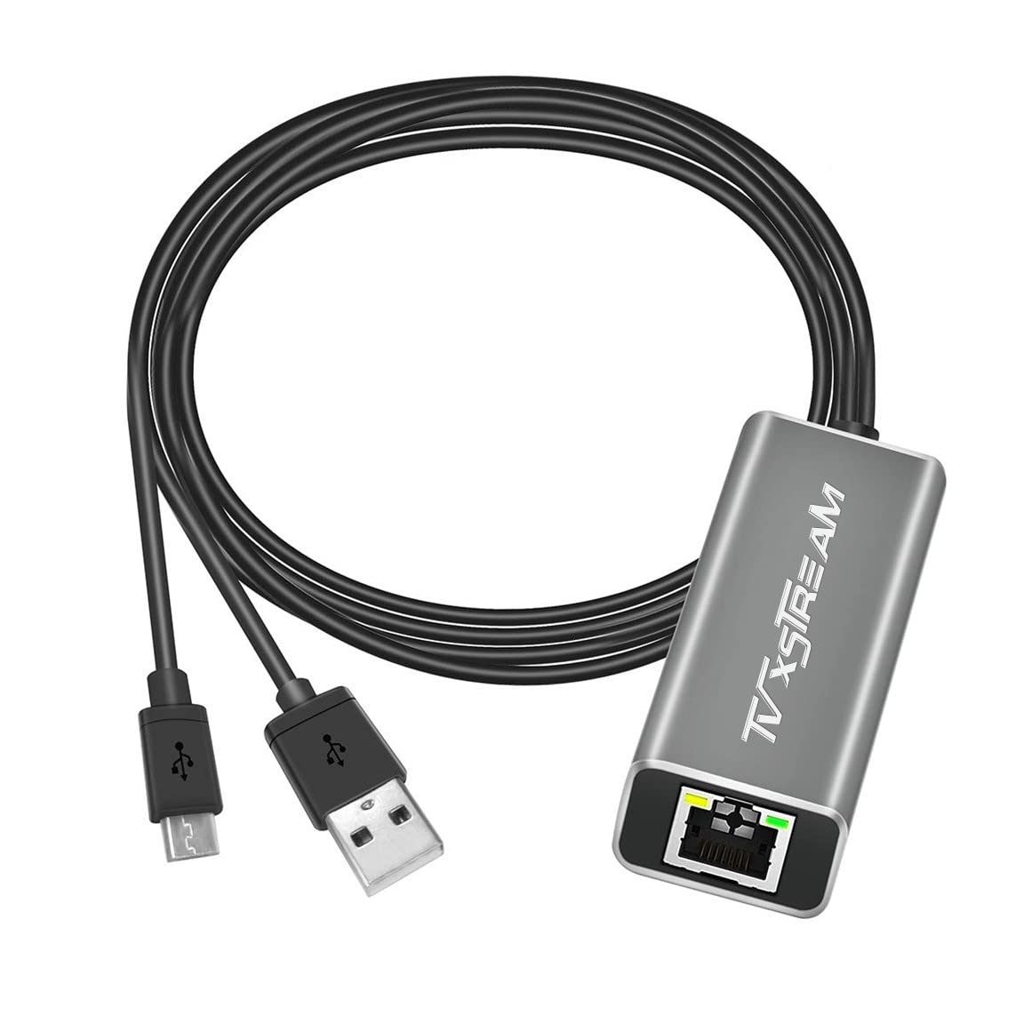 Adaptador USB Ethernet (plateado) para Fire TV Stick Lite/4K/4k Max Firestick o Chromecast con conexión Micro no tipo C, USB a RJ45 Ethernet, cable de alimentación USB de 1 m, velocidades de hasta 100