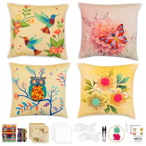 Image of picknMAKE Pack of 4 DIY Cushion Cover Hand Embroidery Kit | Colorful Floral, Hummingbird, Butterfly & Owl Designs | 16 inchx16 inch Pillow Covers | Digitally Printed, All Materials Included