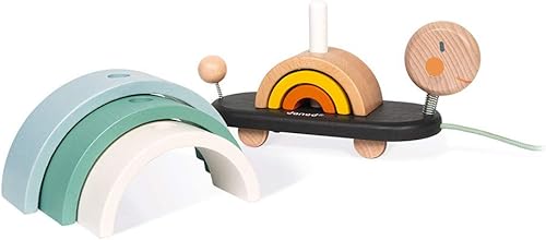Miniatura 7 de Janod - Sweet Cocoon madera arco iris tortuga apilamiento y tirar juguete 7 piezas construcción y anidación pila con 6 arcos pastel, cabeza batiente