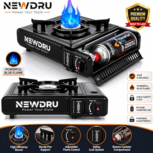 Image of NEWDRU Portable Butane Gas Camping Stove (Without can) | Piezo Auto-Ignition, Adjustable Flame, Pressure Safety Cut-Off | Lightweight Steel Body, MSF-1a Compatible | FlameGuard Pro - Black