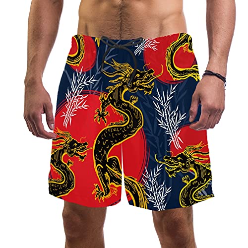 Short de bain homme avec 2 poches et motif dragon noir et doré