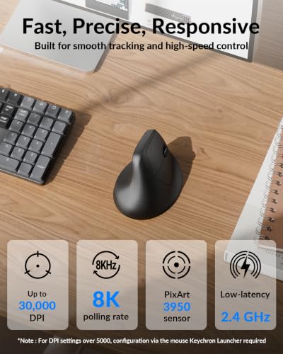 Image of Keychron M5 8K Vertical Ergonomic Mouse Wireless, 2.4 GHz /Bluetooth 5.3 /Wired Computer Mice Rechargeable, 5 Levels Up to 30K DPI with Programmable Buttons for Laptop macOS /Windows - Black