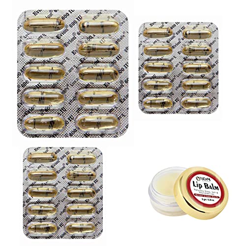 30 Evion Capsules Vitamin E for Glowing Face,Strong Hair,Acne,Nails, Glowing Skin 600mg with Pack of 1 YiCan Lips Balm