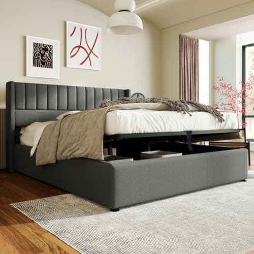 buiesjole Cama Tapizada Hidráulica con Somier De Láminas De Metal Cama Doble King Size Ropa De Cama Cama Juvenil para Adultos Jóvenes Canapé Canapé Cama De Invitados Gris 180x200 Cm