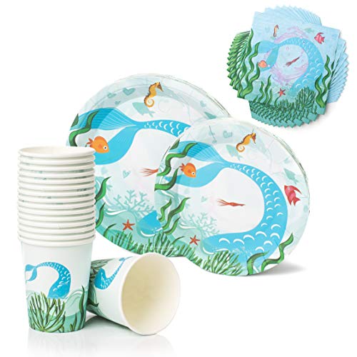 AllQuail Mermaid Birthday Party Supplies: Plate, Cup, and Napkin, Serves up to 16 People, Table Decorations for Little Girls