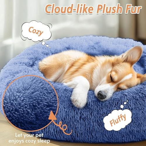 Image of JOLLYVOGUE Calming Dog Beds Large Sized Dog, 36in Donut Washable Large Pet Bed, Anti-Slip & Anti-Anxiety Fluffy Faux Fur Round Dogs Bed, Fits up to 80 lbs Pets (Navy Blue)