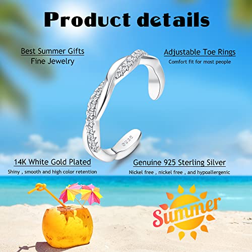 Fiasaso 925 Sterling Silver Toe Rings For Women Adjustable 14K White Gold Plated Flower Cz Snake Twist Opal Band Rings Summer Beach Open Toe Rings Foot Jewelry Twist #TOP1