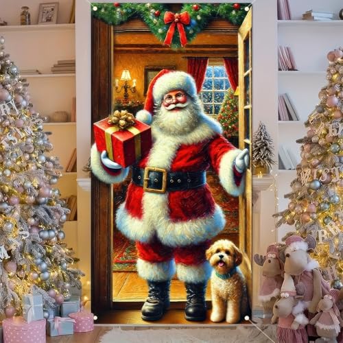 Image of BlissYard Christmas Door Cover Santa Wrapped Box 35x71 Inch Polyester