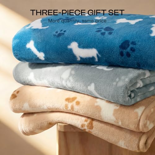 Image of Luciphia 1 Pack 3 Dog Printed Fleece Pet Blankets Washable,Soft Warm Throw Covers for Crate Couch Bed,Cozy Puppy Essentials for Dogs and Cats, Blue /Grey /Khaki, Small (23x16 inch)