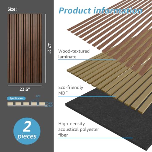 Image of Art3d 2-Pack 3D Fluted Wood Sound Absorbing Slat Wall Panel, Dark Walnut
